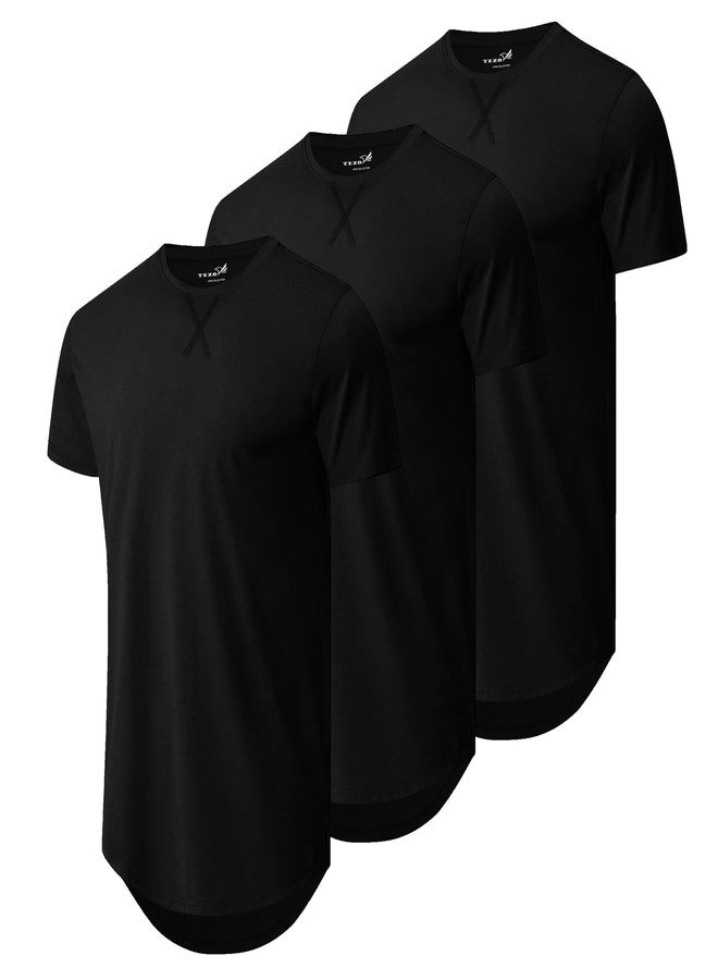 TEZO Mens 3 Pack Plain Cotton Shirts Short Sleeve Casual Crew Neck T-Shirts Hipster Hip Hop Longline Tees Shirts Drop Cut Curved Hem Shirt (BKBKBK M) Black/Black/Black - Image 1